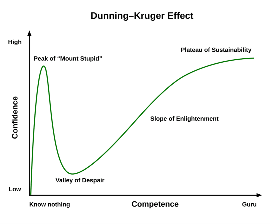 Dunning-Kruger Effect graph showing Confidence vs Competence, with Peak of Mount Stupid, Valley of Despair, Slope of Enlightenment, and Plateau of Sustainability